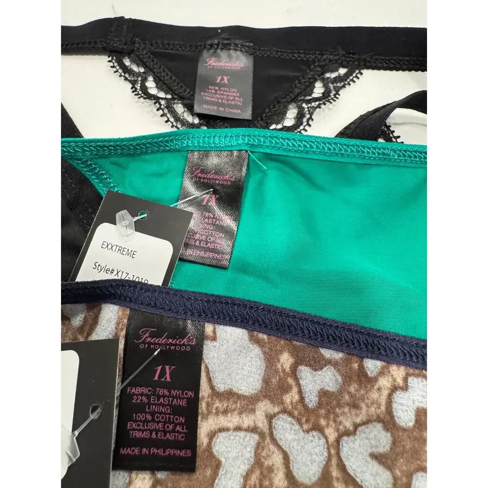NWT Frederick's of Hollywood Thong String Panties 1X Black‎ Leopard Green LOT 3